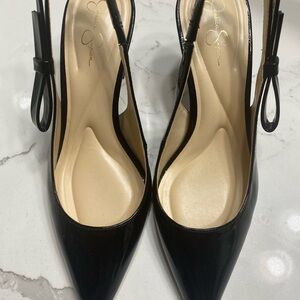 Jessica Simpson Black Patent Pointed-Toe Slingback Heels